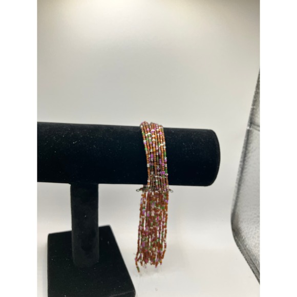 Homemade Purple White & Green Beaded Wire Cuff with Tassels Bracelet! - Picture 6 of 6